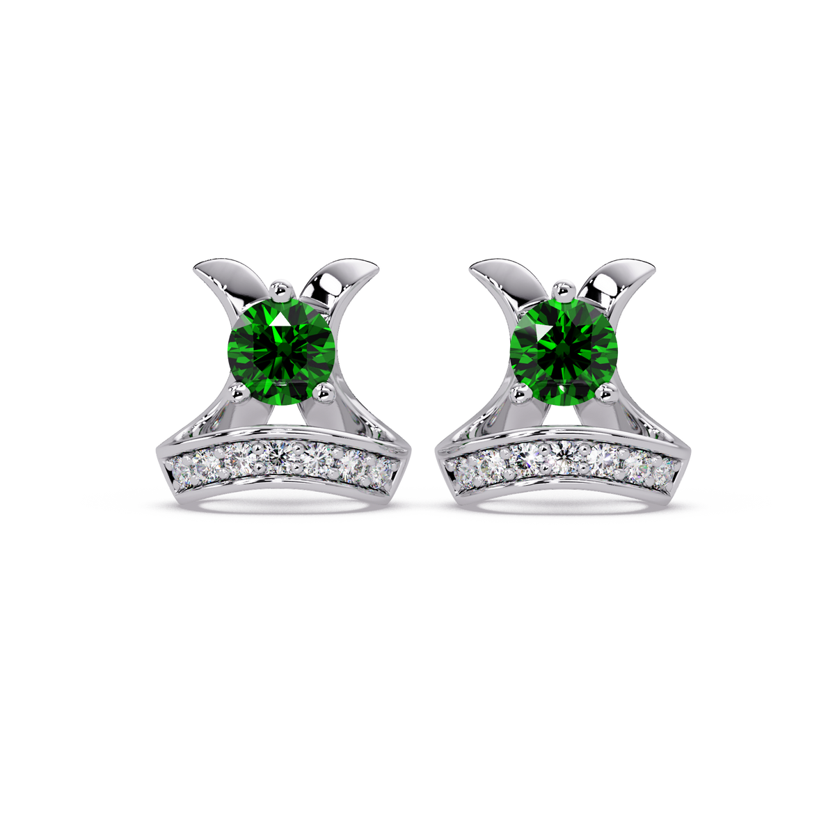 0.6 CTW princess-cut colorstone and white diamond accent stud earrings in White gold, Emerald Green stones