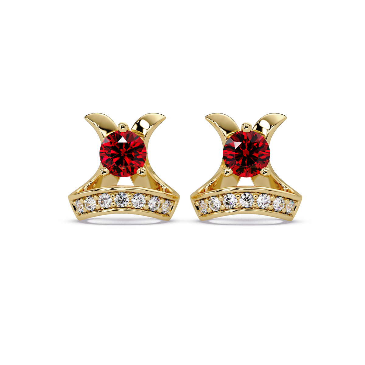 0.6 CTW princess-cut colorstone and white diamond accent stud earrings in Gold, Ruby Red stones