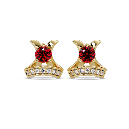 0.6 CTW princess-cut colorstone and white diamond accent stud earrings in Gold, Ruby Red stones