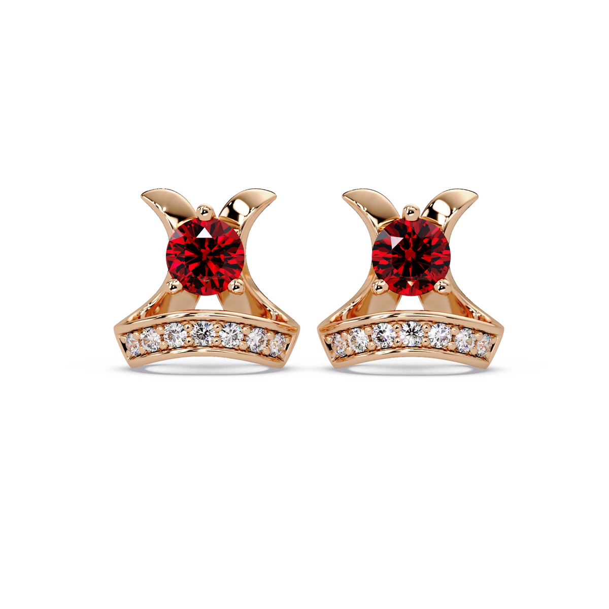 0.6 CTW princess-cut colorstone and white diamond accent stud earrings in Rose gold, Ruby Red stones