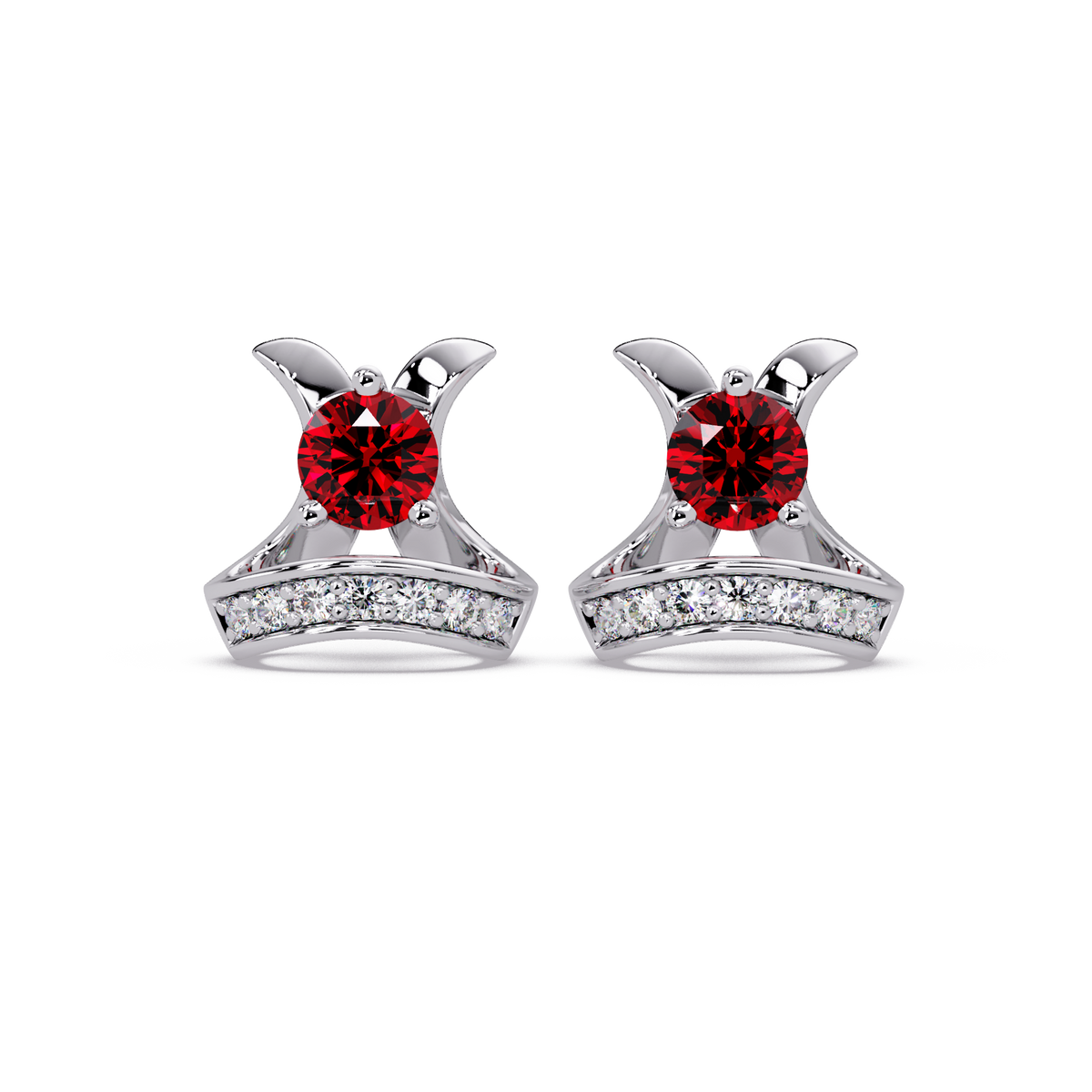 0.6 CTW princess-cut colorstone and white diamond accent stud earrings in White gold, Ruby Red stones