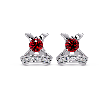 0.6 CTW princess-cut colorstone and white diamond accent stud earrings in White gold, Ruby Red stones