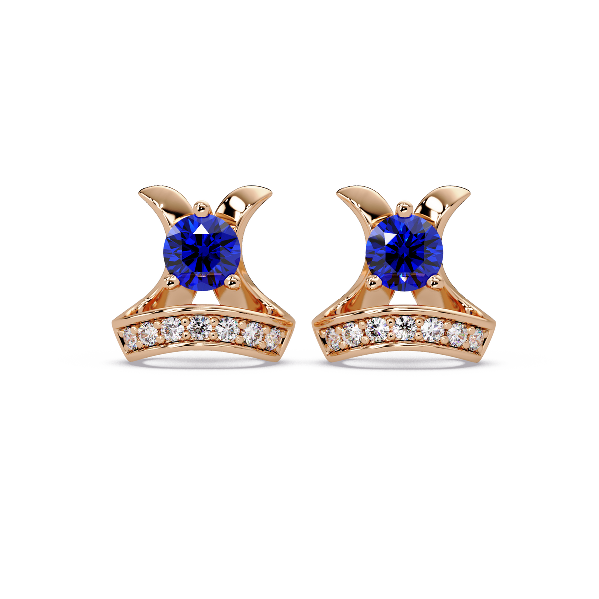 0.6 CTW princess-cut colorstone and white diamond accent stud earrings in Rose gold, Sapphire Blue stones
