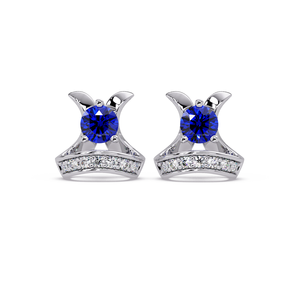 0.6 CTW princess-cut colorstone and white diamond accent stud earrings in White gold, Sapphire Blue stones