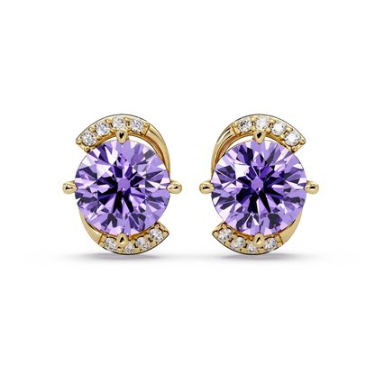1.7 CTW round halo colorstone stud earrings with white diamond accents in Gold, Amethyst Purple