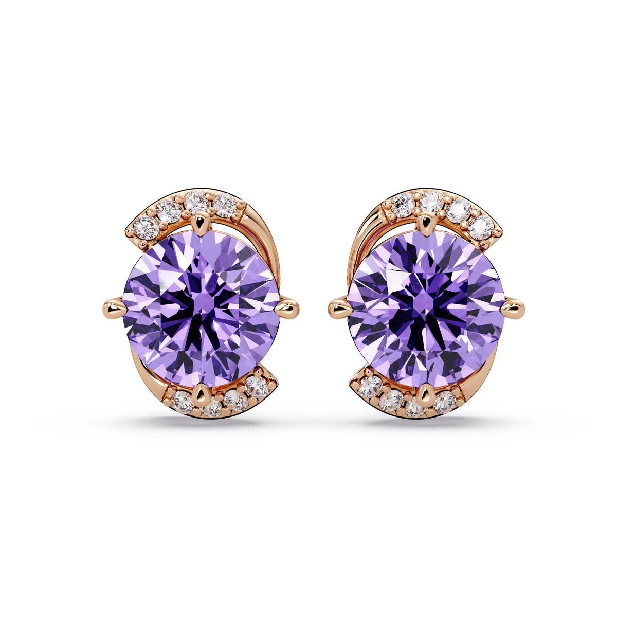 1.7 CTW round halo colorstone stud earrings with white diamond accents in Rose gold, Amethyst Purple