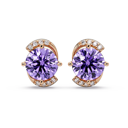 1.7 CTW round halo colorstone stud earrings with white diamond accents in Rose gold, Amethyst Purple