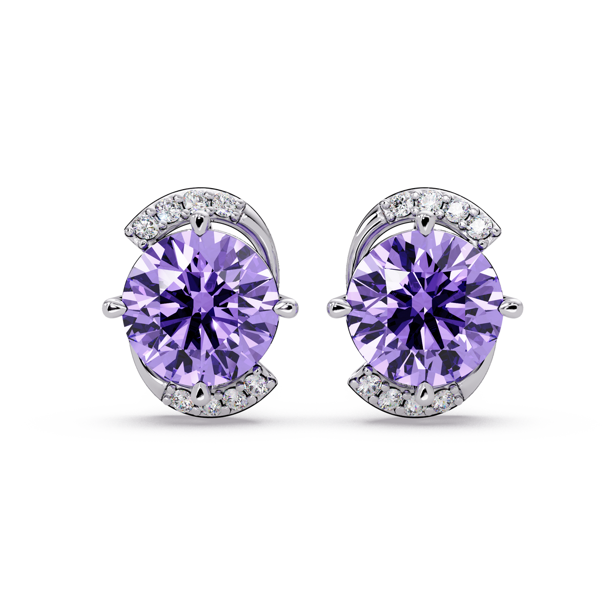 1.7 CTW round halo colorstone stud earrings with white diamond accents in White gold, Amethyst Purple