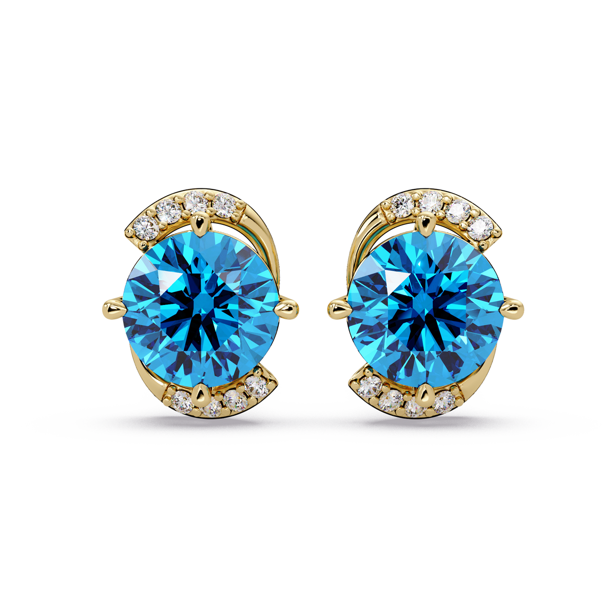 1.7 CTW round halo colorstone stud earrings with white diamond accents in Gold, Aquamarine Blue