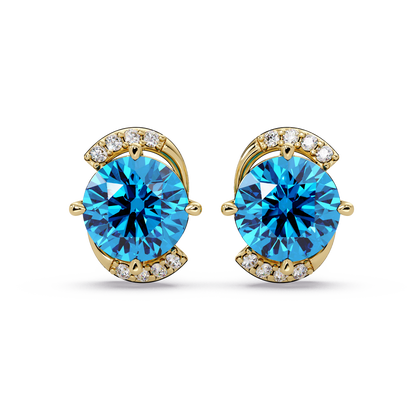 1.7 CTW round halo colorstone stud earrings with white diamond accents in Gold, Aquamarine Blue