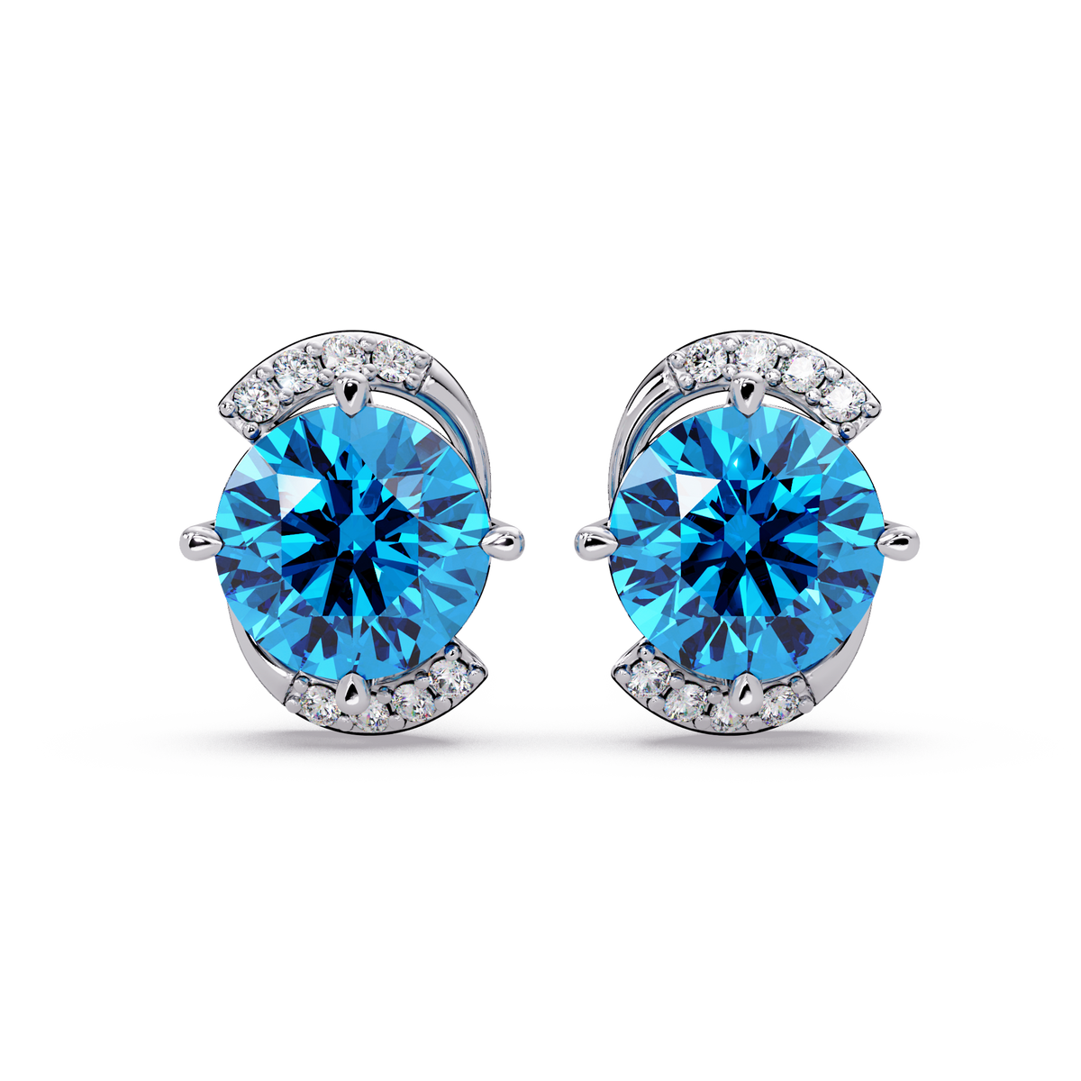 1.7 CTW round halo colorstone stud earrings with white diamond accents in White gold, Aquamarine Blue