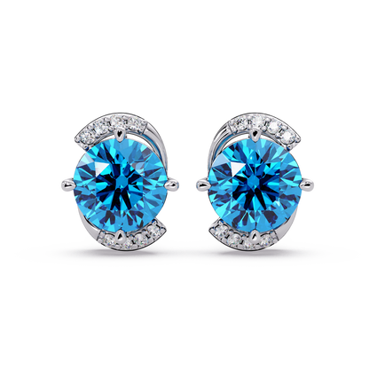 1.7 CTW round halo colorstone stud earrings with white diamond accents in White gold, Aquamarine Blue