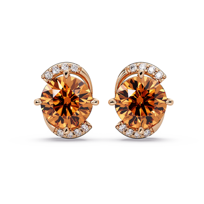 1.7 CTW round halo colorstone stud earrings with white diamond accents in Rose gold, Champagne Topaz