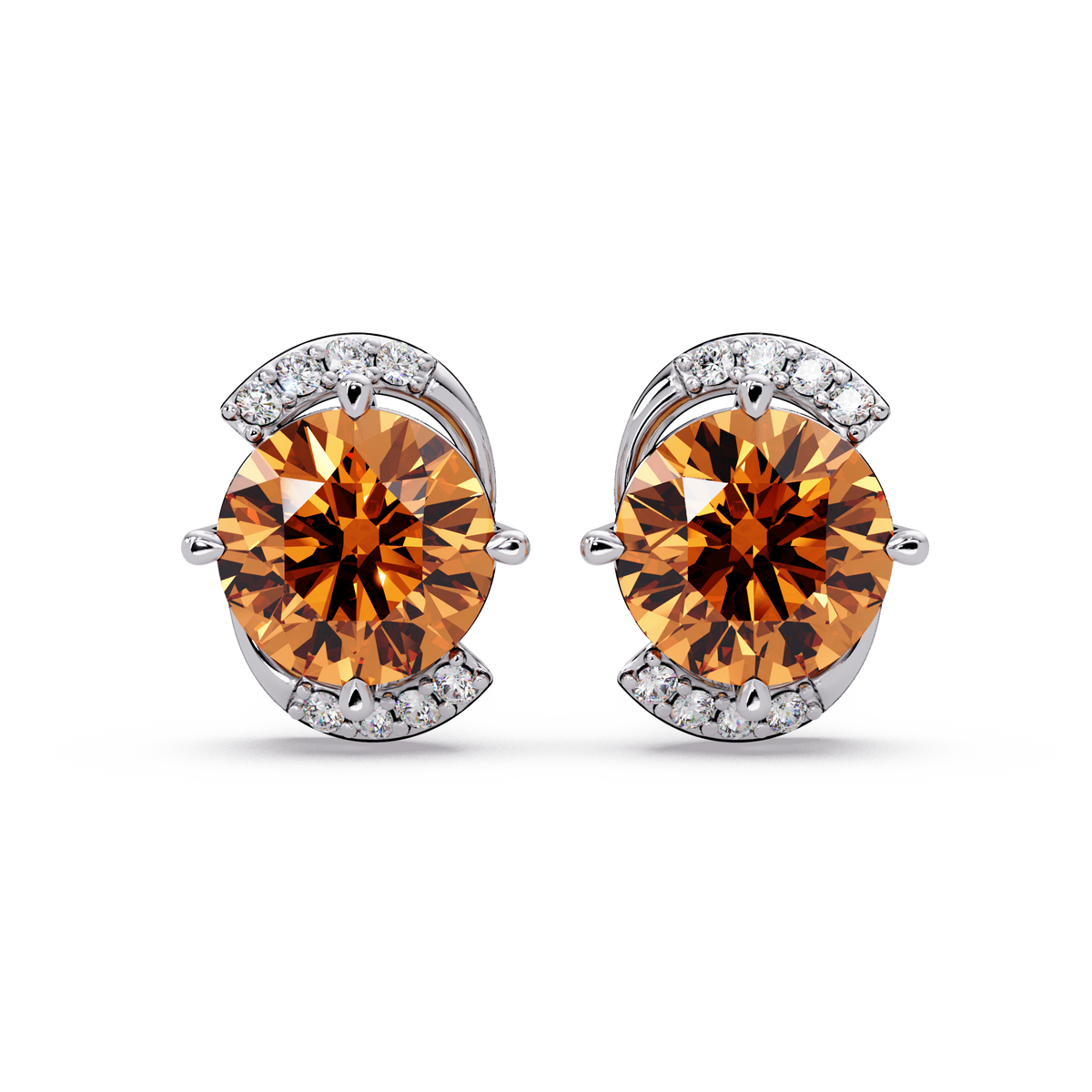 1.7 CTW round halo colorstone stud earrings with white diamond accents in White gold, Champagne Topaz