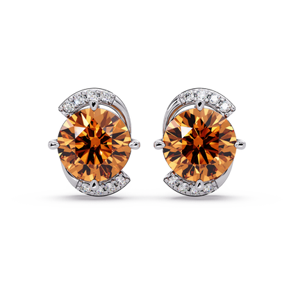 1.7 CTW round halo colorstone stud earrings with white diamond accents in White gold, Champagne Topaz