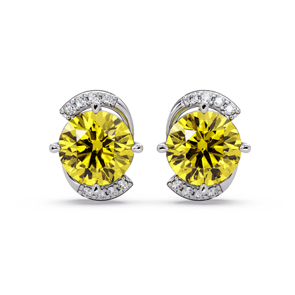 1.7 CTW round halo colorstone stud earrings with white diamond accents in White gold, Citrine Yellow