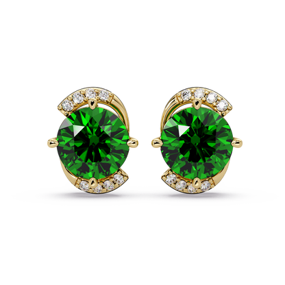 1.7 CTW round halo colorstone stud earrings with white diamond accents in Gold, Emerald Green