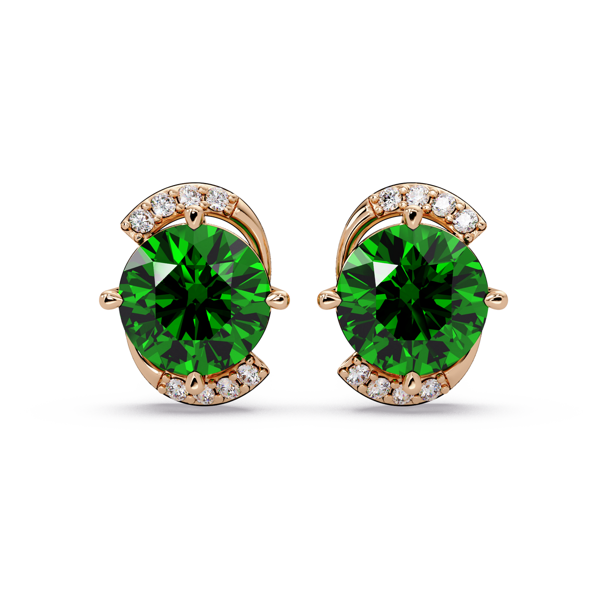 1.7 CTW round halo colorstone stud earrings with white diamond accents in Rose gold, Emerald Green