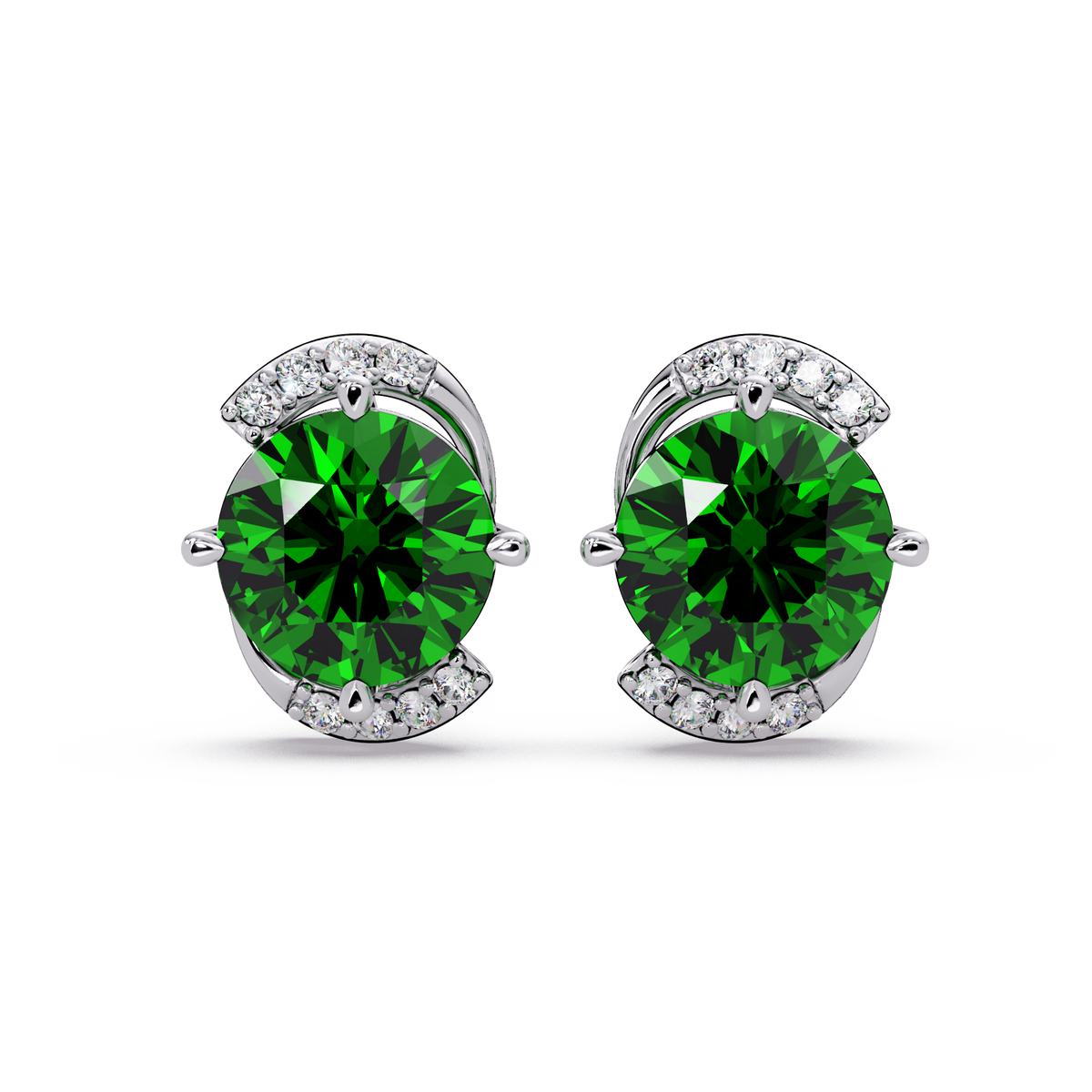 1.7 CTW round halo colorstone stud earrings with white diamond accents in White gold, Emerald Green