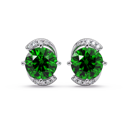 1.7 CTW round halo colorstone stud earrings with white diamond accents in White gold, Emerald Green