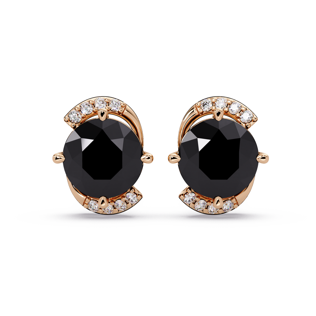 1.7 CTW round halo colorstone stud earrings with white diamond accents in Rose gold, Onyx