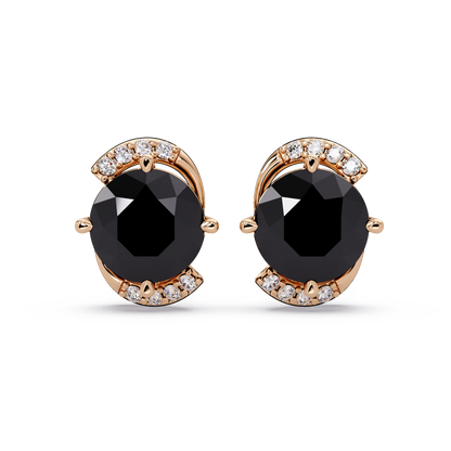 1.7 CTW round halo colorstone stud earrings with white diamond accents in Rose gold, Onyx