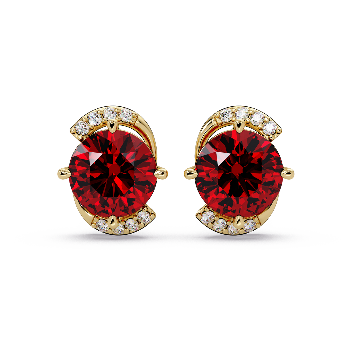 1.7 CTW round halo colorstone stud earrings with white diamond accents in Gold, Ruby Red