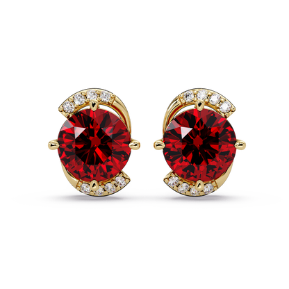 1.7 CTW round halo colorstone stud earrings with white diamond accents in Gold, Ruby Red