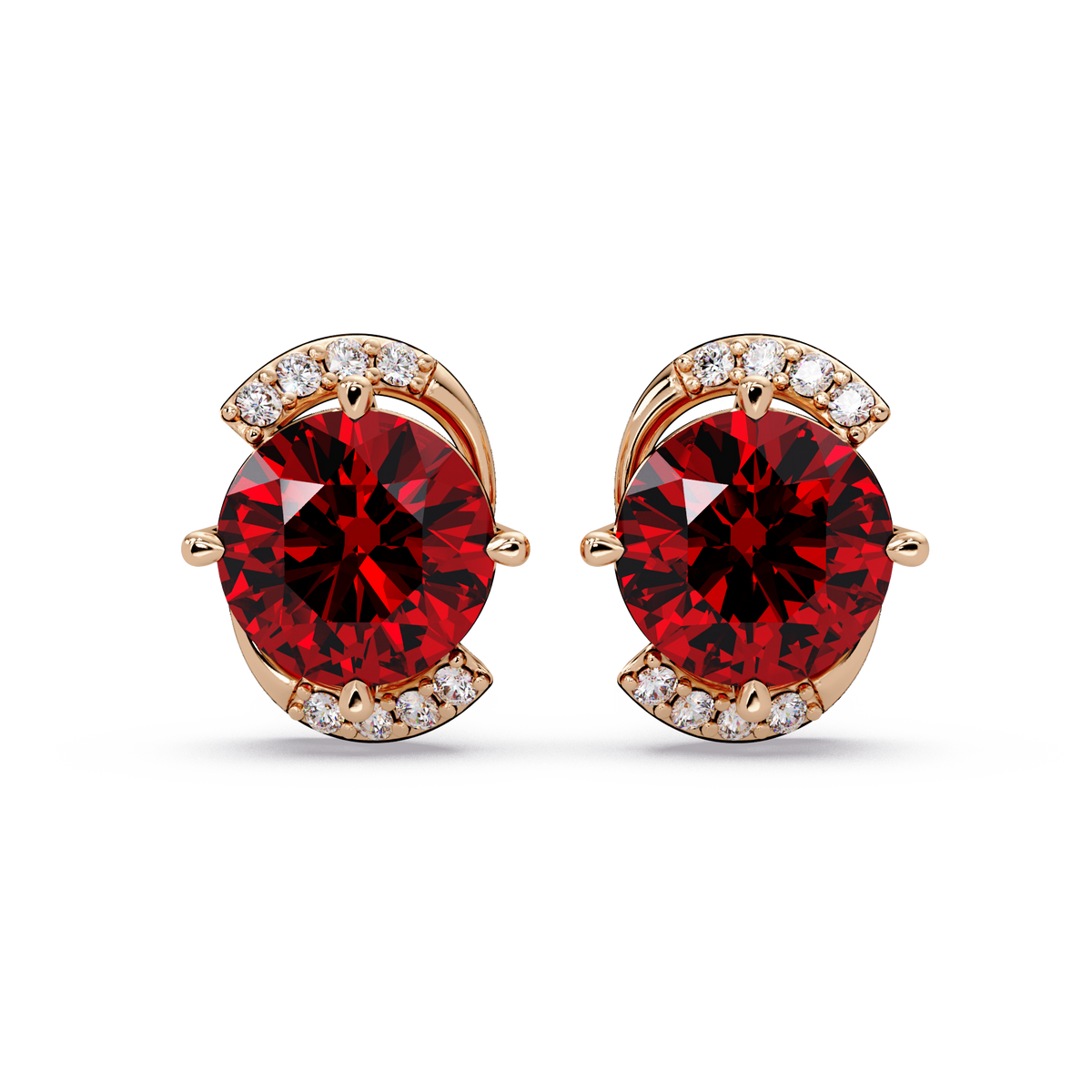 1.7 CTW round halo colorstone stud earrings with white diamond accents in Rose gold, Ruby Red