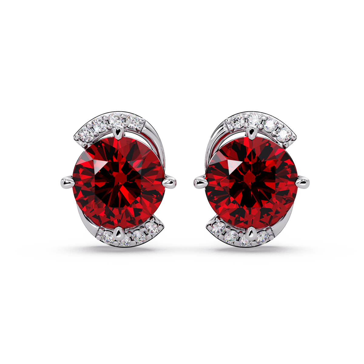 1.7 CTW round halo colorstone stud earrings with white diamond accents in White gold, Ruby Red