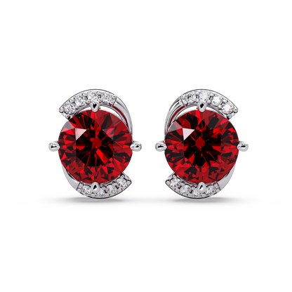 1.7 CTW round halo colorstone stud earrings with white diamond accents in White gold, Ruby Red