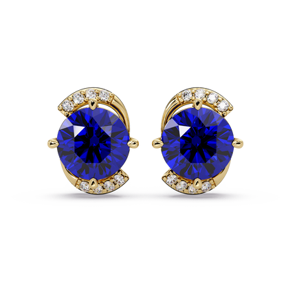 1.7 CTW round halo colorstone stud earrings with white diamond accents in Gold, Sapphire Blue