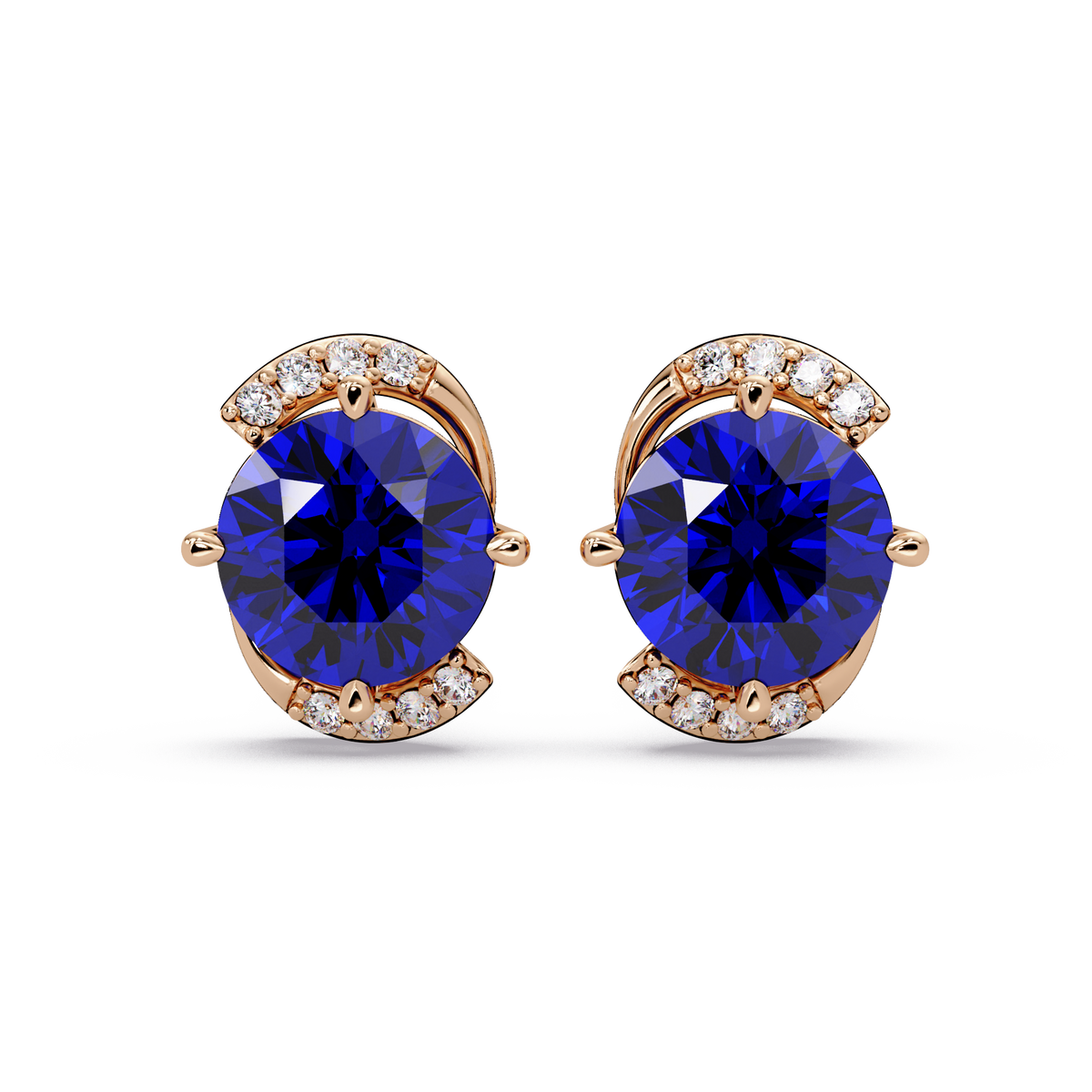 1.7 CTW round halo colorstone stud earrings with white diamond accents in Rose gold, Sapphire Blue