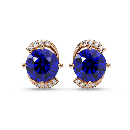 1.7 CTW round halo colorstone stud earrings with white diamond accents in Rose gold, Sapphire Blue