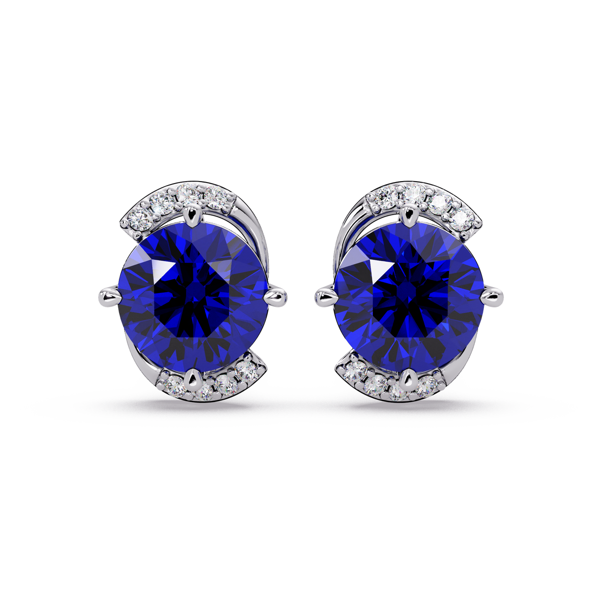 1.7 CTW round halo colorstone stud earrings with white diamond accents in White gold, Sapphire Blue