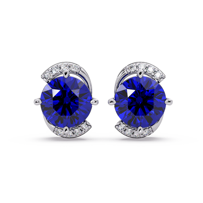 1.7 CTW round halo colorstone stud earrings with white diamond accents in White gold, Sapphire Blue