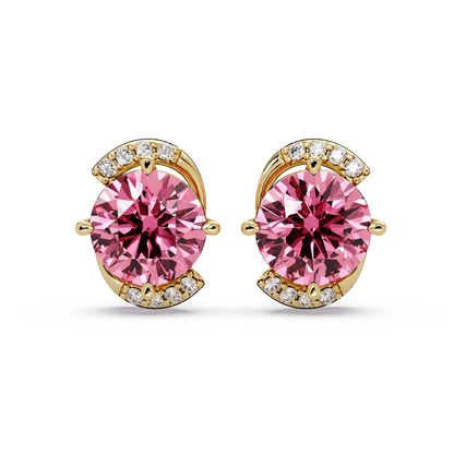 1.7 CTW round halo colorstone stud earrings with white diamond accents in Gold, Tourmaline Pink