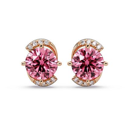 1.7 CTW round halo colorstone stud earrings with white diamond accents in Rose gold, Tourmaline Pink