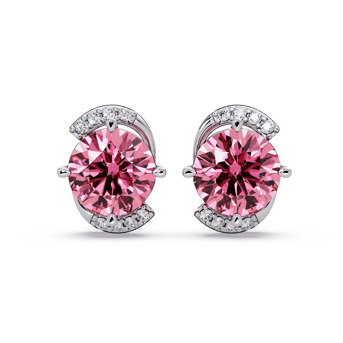1.7 CTW round halo colorstone stud earrings with white diamond accents in White gold, Tourmaline Pink