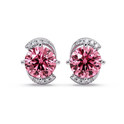 1.7 CTW round halo colorstone stud earrings with white diamond accents in White gold, Tourmaline Pink