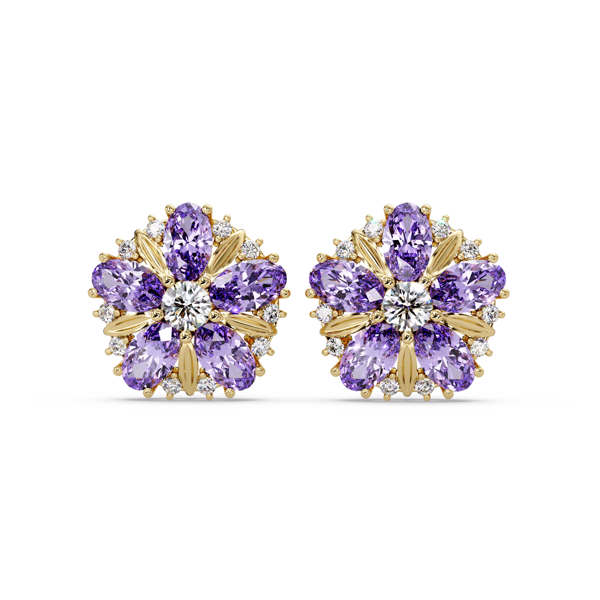 2.1 CTW floral oval colorstone and white diamond stud earrings in Gold, Amethyst Purple