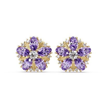 2.1 CTW floral oval colorstone and white diamond stud earrings in Gold, Amethyst Purple