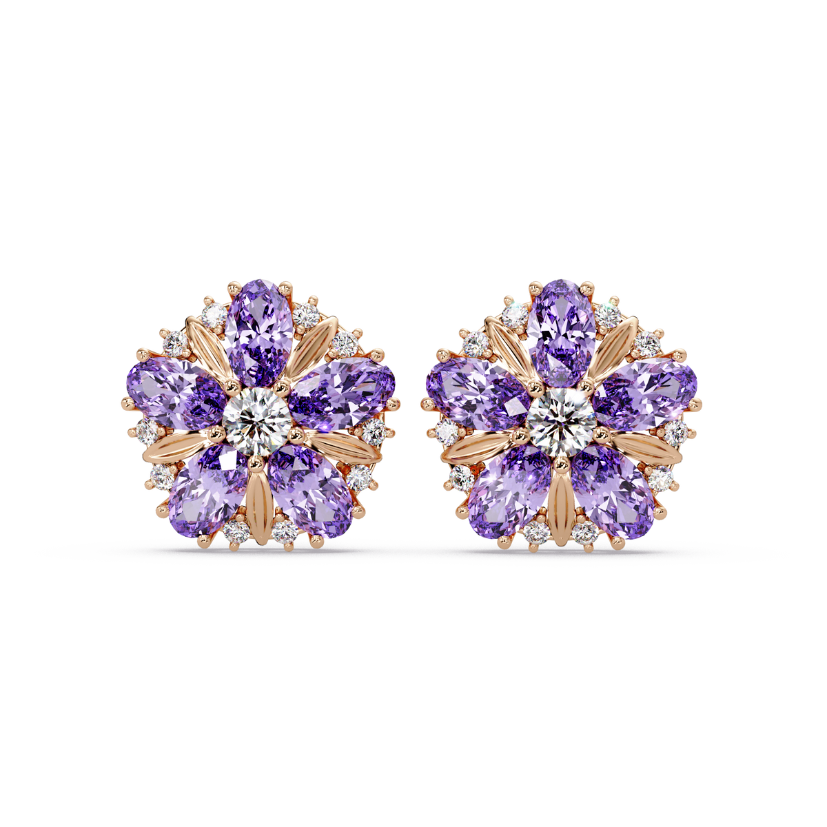 2.1 CTW floral oval colorstone and white diamond stud earrings in Rose gold, Amethyst Purple