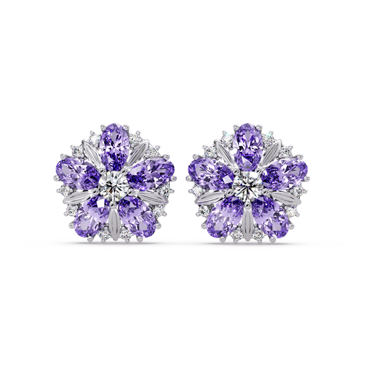 2.1 CTW floral oval colorstone and white diamond stud earrings in White gold, Amethyst Purple