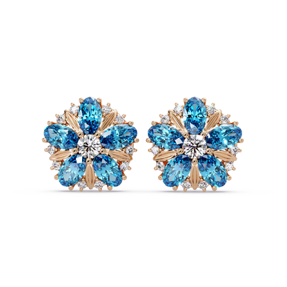 2.1 CTW floral oval colorstone and white diamond stud earrings in Rose gold, Aquamarine Blue