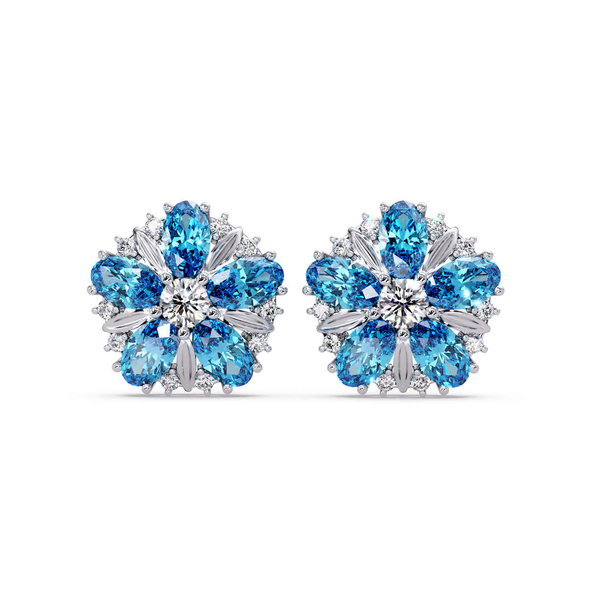 2.1 CTW floral oval colorstone and white diamond stud earrings in White gold, Aquamarine Blue