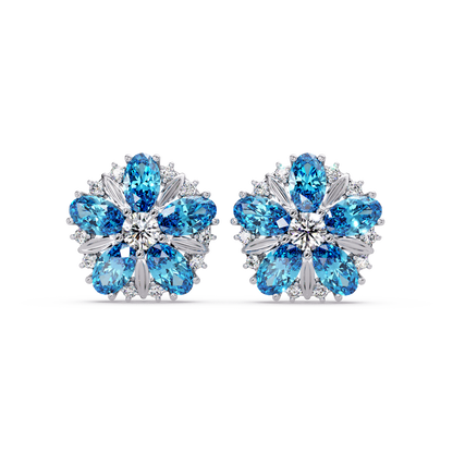 2.1 CTW floral oval colorstone and white diamond stud earrings in White gold, Aquamarine Blue