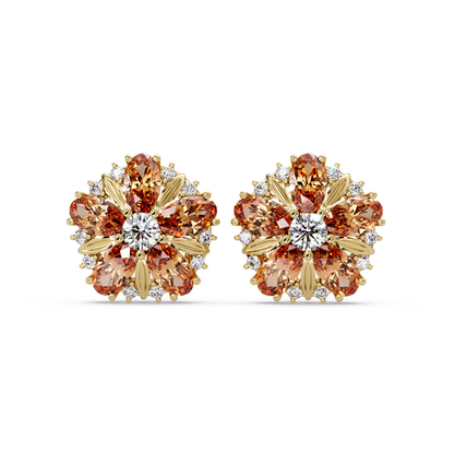 2.1 CTW floral oval colorstone and white diamond stud earrings in Gold, Champagne Topaz