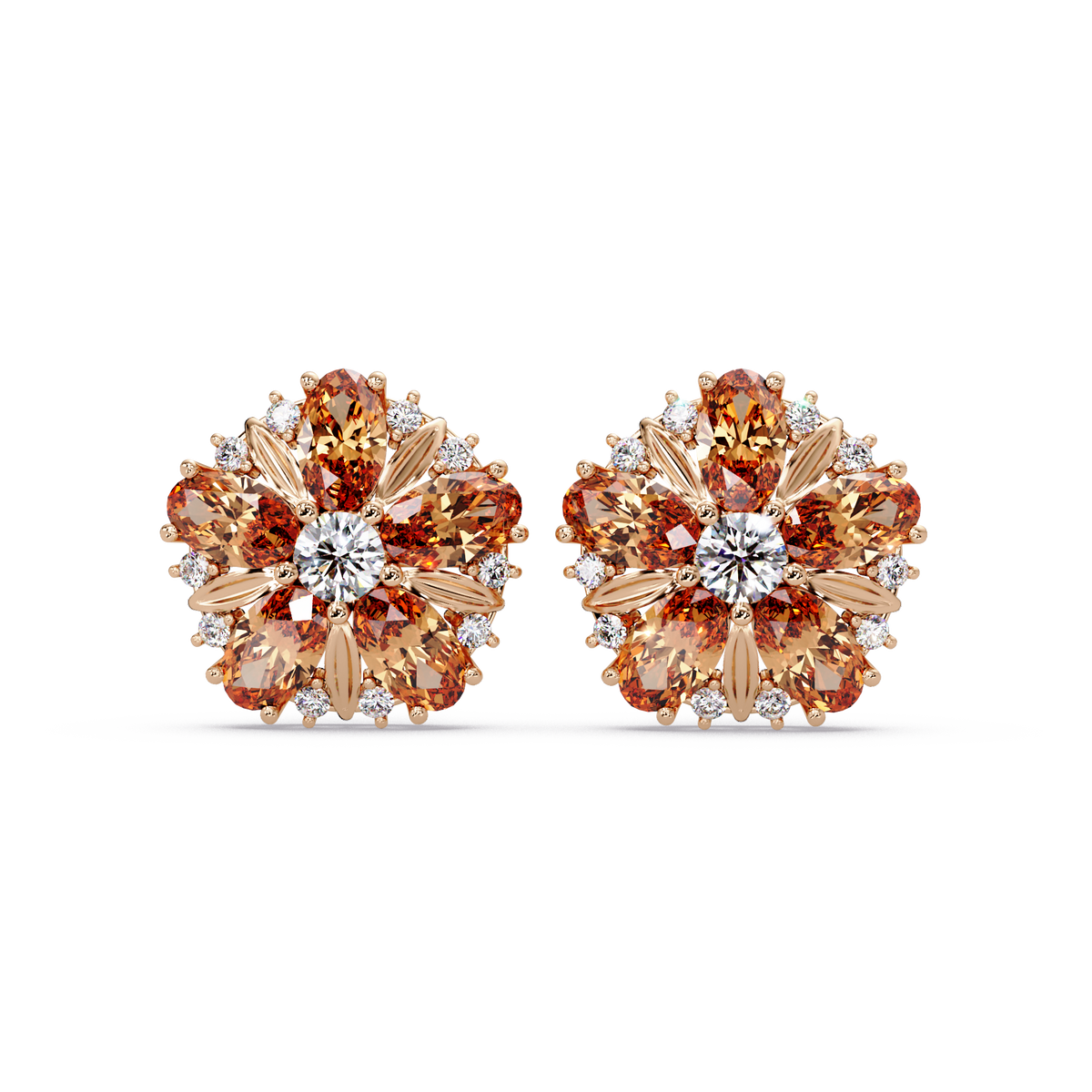 2.1 CTW floral oval colorstone and white diamond stud earrings in Rose gold, Champagne Topaz