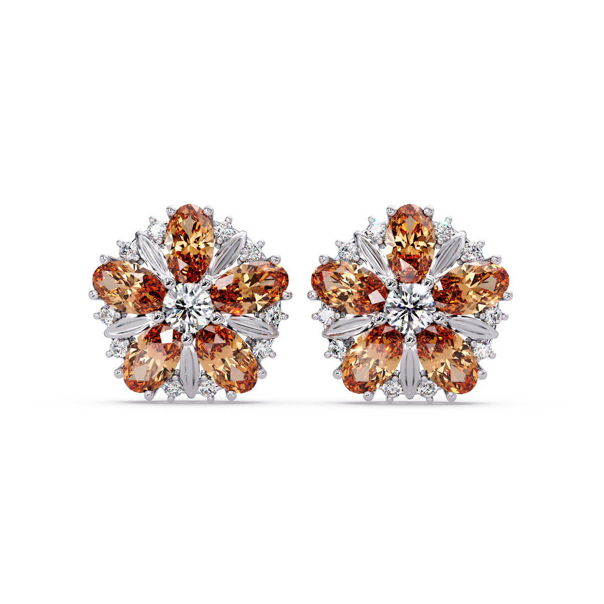 2.1 CTW floral oval colorstone and white diamond stud earrings in White gold, Champagne Topaz